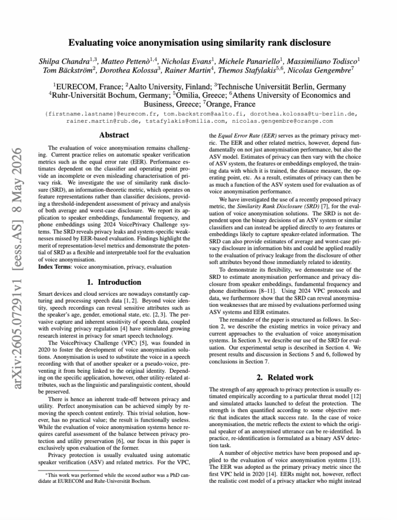 Evaluating voice anonymisation using similarity rank disclosure